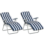 Blue and white striped folding sun loungers set with padded cushions and metal frame