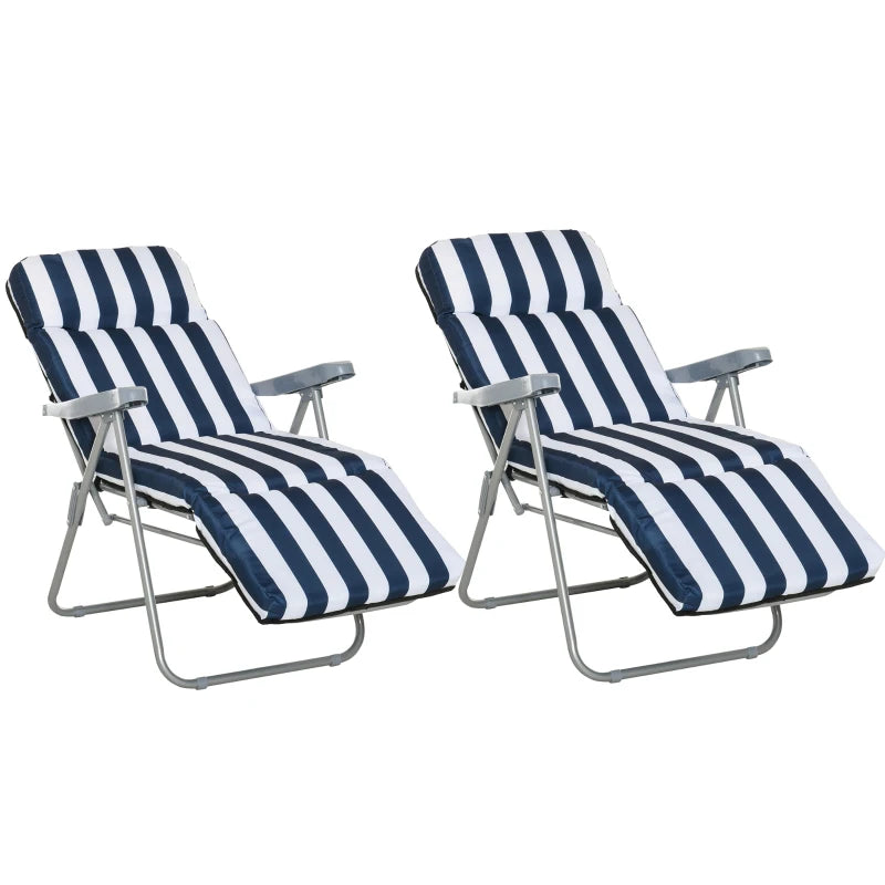 Blue and white striped folding sun loungers set with padded cushions and metal frame