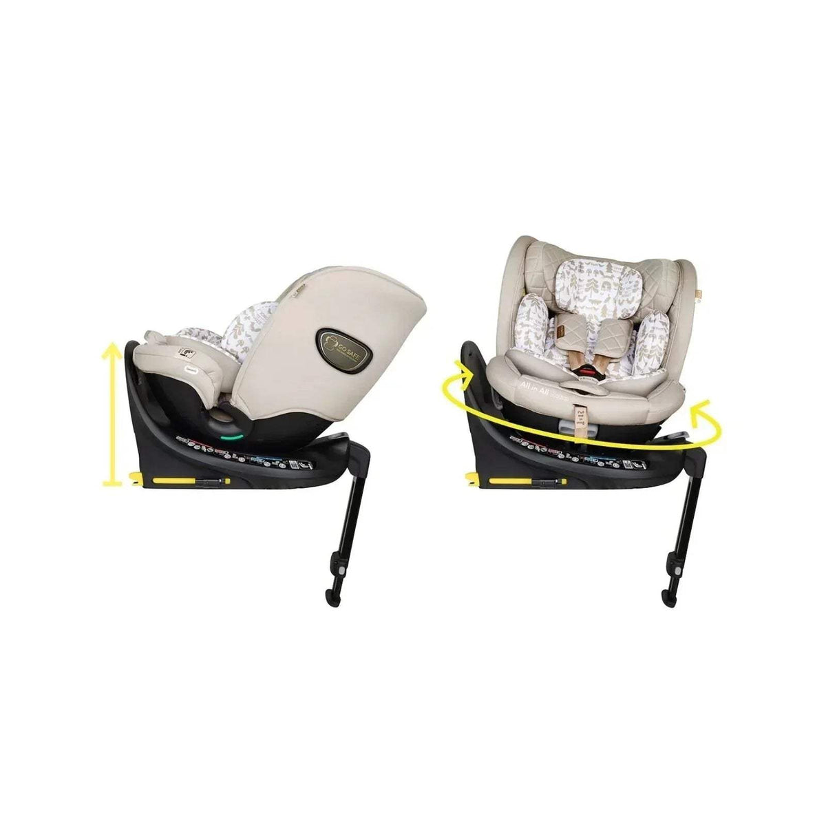 Beige car seat shown in side and front views, with animal-print headrest and black base