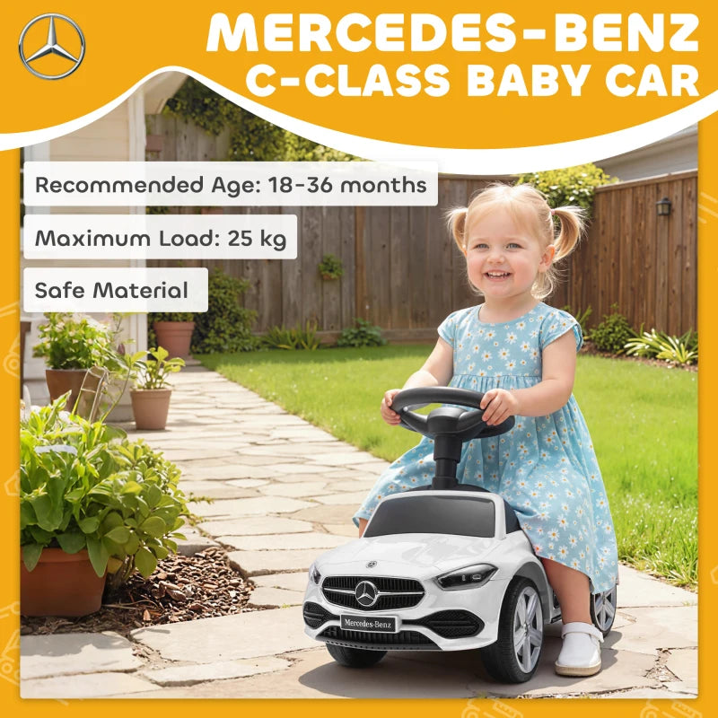 White Mercedes-Benz baby car ride-on walker with black seat and steering wheel