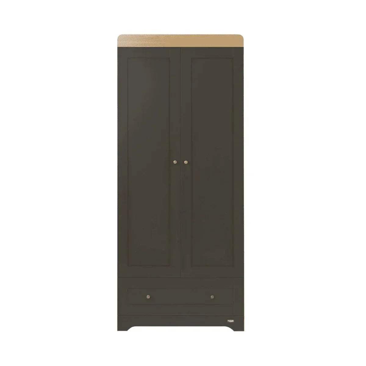 Slate gray wardrobe with honey oak top, two center door panels and two small knobs.