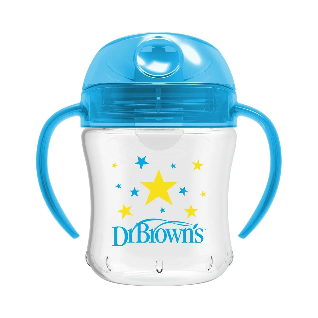 Blue soft spout transition cup with handles, star graphics, and Dr. Brown's logo
