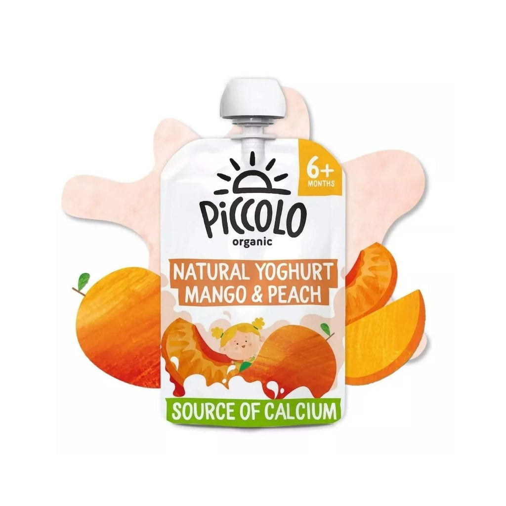 Organic natural yoghurt pouch with mango and peach graphics, 6+ months, 100 g