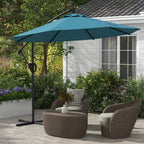 Blue cantilever parasol umbrella open over outdoor seating, with black pole and cross base