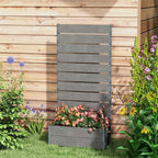 Dark grey garden planter box with back trellis and flower arrangement in outdoor yard