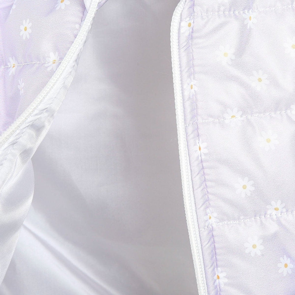 Lilac quilted baby vest side view with exposed zipper and stitched border