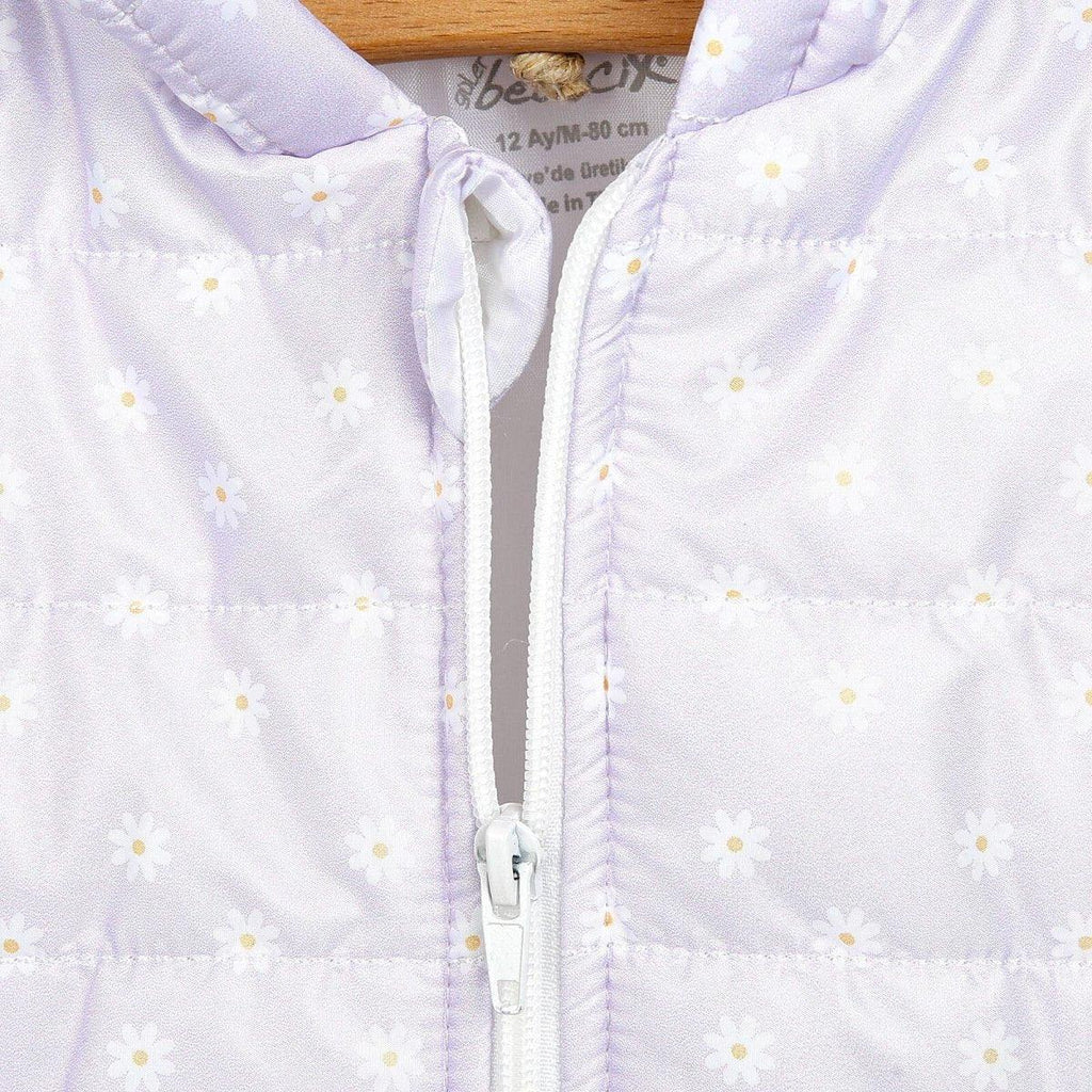 Lilac hooded baby vest with gathered neckline, drawstring ties, and zipper