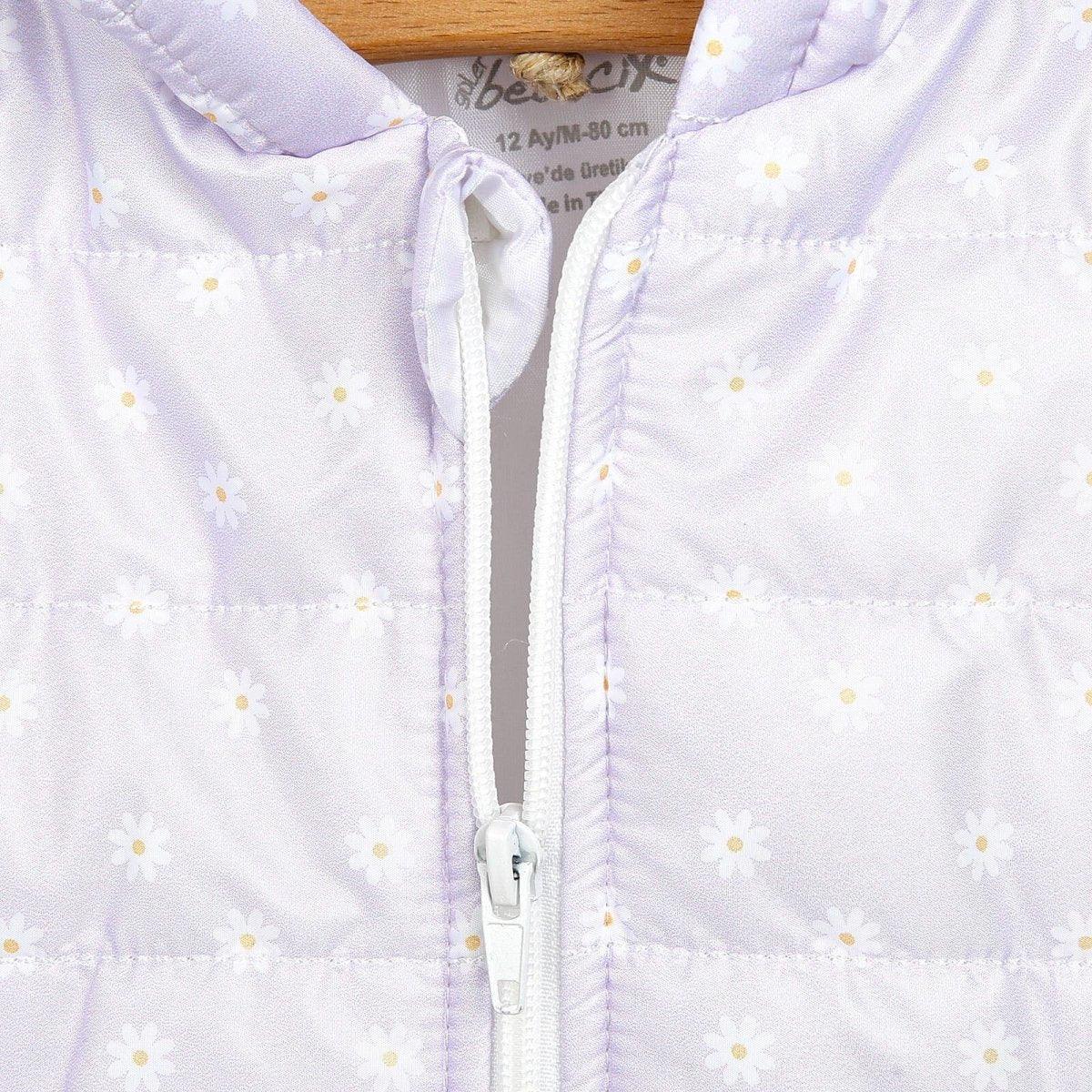 Lilac hooded baby vest with gathered neckline, drawstring ties, and zipper
