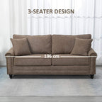 Brown fabric 3-seat sofa front view with two throw pillows, nailhead trim, 196 cm width