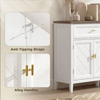 White sideboard with anti-tipping strap anchors and gold alloy handles.