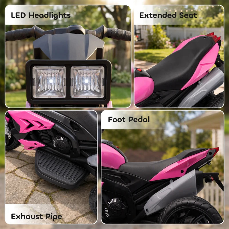 Pink and black kids ride-on motorcycle with LED headlights, foot pedal, and extended seat.