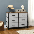 Storage dresser with 6 grey fabric drawers and wooden top on black steel frame