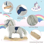 Grey plush rocking horse with safety handle and navy saddle, wooden rocker base