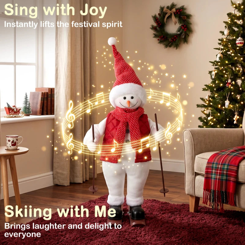 Singing skiing Santa decoration with red cone hat, red scarf, and two ski poles