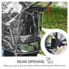 Black rear-opening rain cover with hook-and-loop fastener on a pet stroller