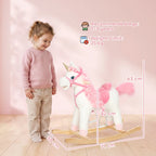 White and pink unicorn ride-on rocking horse with curved wooden base