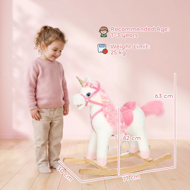 White and pink unicorn ride-on rocking horse with curved wooden base