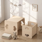 Natural wood toddler table and chair set with rounded cutouts, family-friendly design