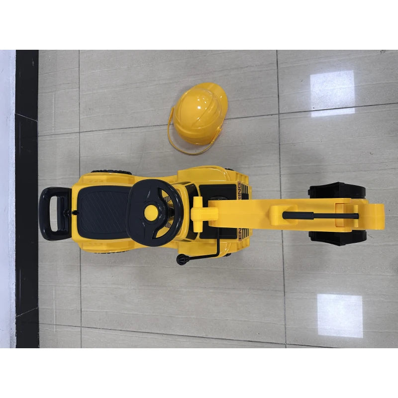 Top view of yellow ride-on digger toy car with steering seat and front digging bucket