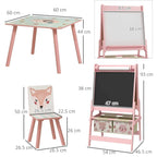 Pink kids table and chair set with 3-in-1 easel, shown with size measurements