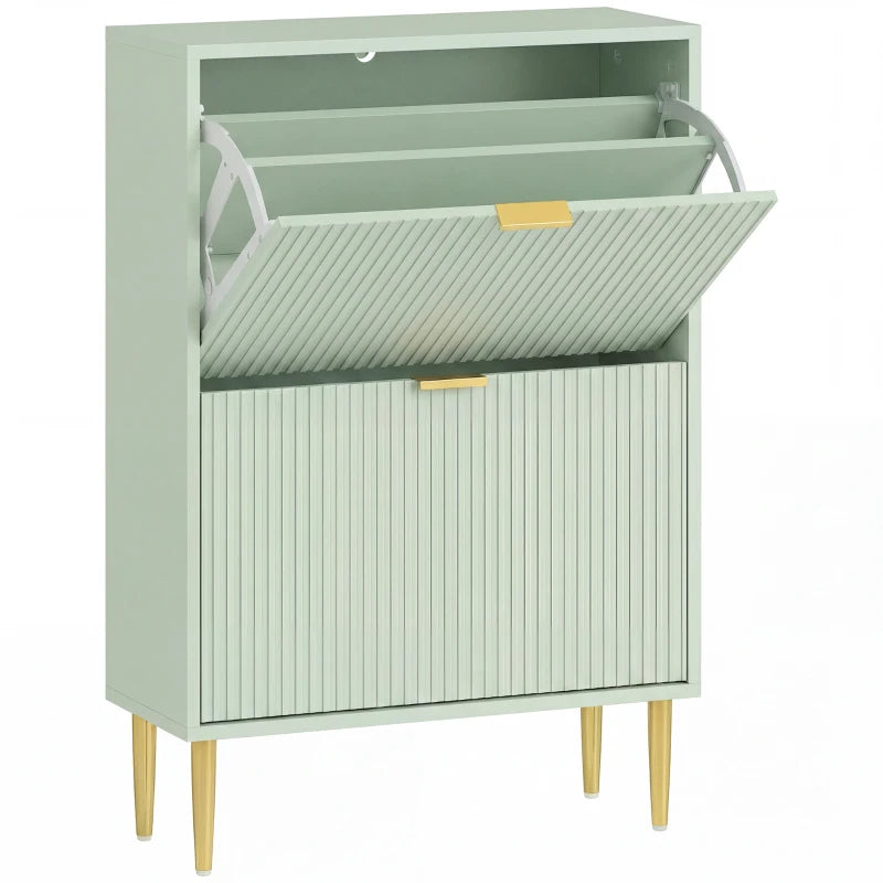 Light green two-drawer shoe cabinet with open upper drawer and ridged front panels