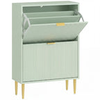 Light green two-drawer shoe cabinet with open upper drawer and ridged front panels