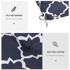 Navy blue seat cushion pillow with white trellis pattern; tie fastenings and tufted buttons