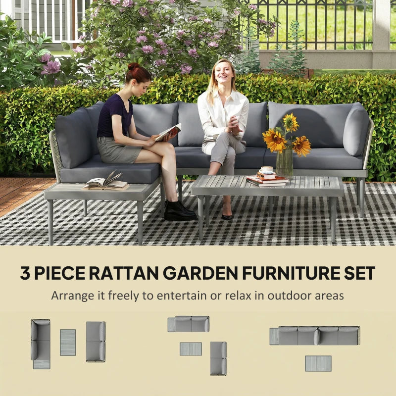 Grey rattan sofa set with cushioned seats and rectangular coffee table outdoors