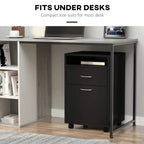 Black filing cabinet with open shelf and two drawers, mounted on four caster wheels
