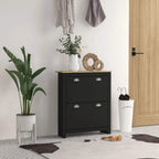 Black narrow shoe cabinet with two drawers and chrome-style curved handles