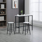 Compact bar table set: white top, black frame, and two round black-bar stools