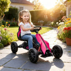 Kids pink pedal go-kart with adjustable seat and EVA wheels, ridden by a child