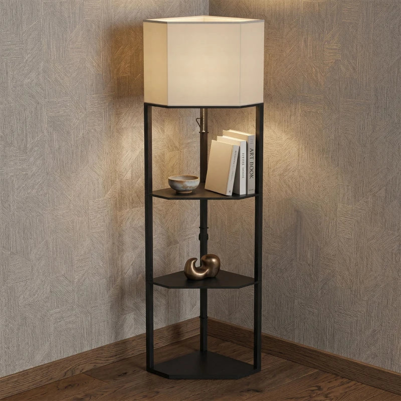 Black floor lamp with lit fabric shade and three open shelves