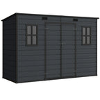 Dark grey resin garden shed with double doors, side windows, and roof vents