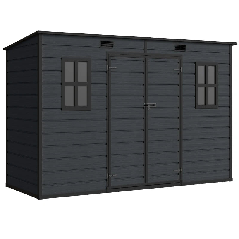 Dark grey resin garden shed with double doors, side windows, and roof vents