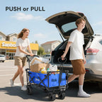 Blue storage trolley wagon with overhead canopy, dual push-pull bars, four wheels