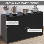 Black cabinet with glossy top and matte front doors, two doors and two drawers