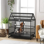 Black metal dog crate on rolling wheels with openable top and front access door