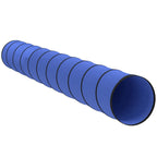 Blue foldable dog agility tunnel with ribbed fabric rings and open end