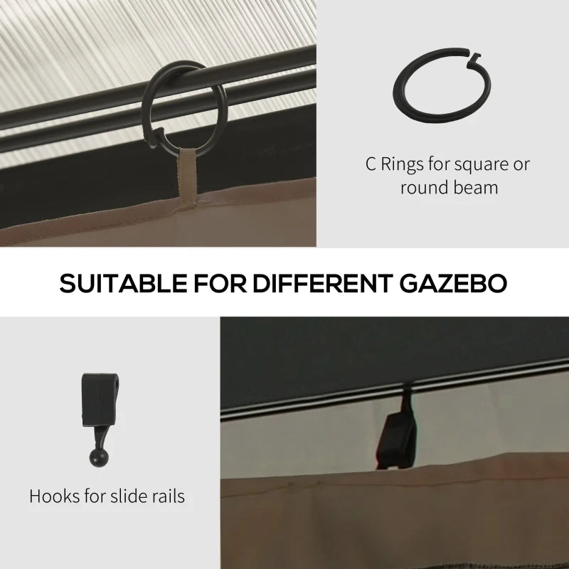 Dark brown gazebo sidewall curtains with C rings and slide-rail hooks