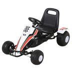 White kids pedal go-kart with black steering wheel, bucket seat, and four wheels