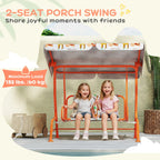 Kids 2-seat porch swing bench with canopy and animal-pattern seat, orange frame