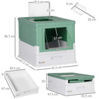 Green hooded cat litter box with labeled measurements diagram
