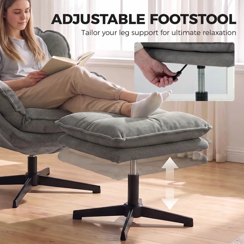 Grey cloud-style swivel accent chair with padded armrests and adjustable footstool