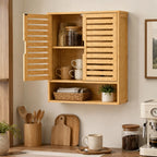 Oak bathroom wall cabinet with open shelves behind louvered doors