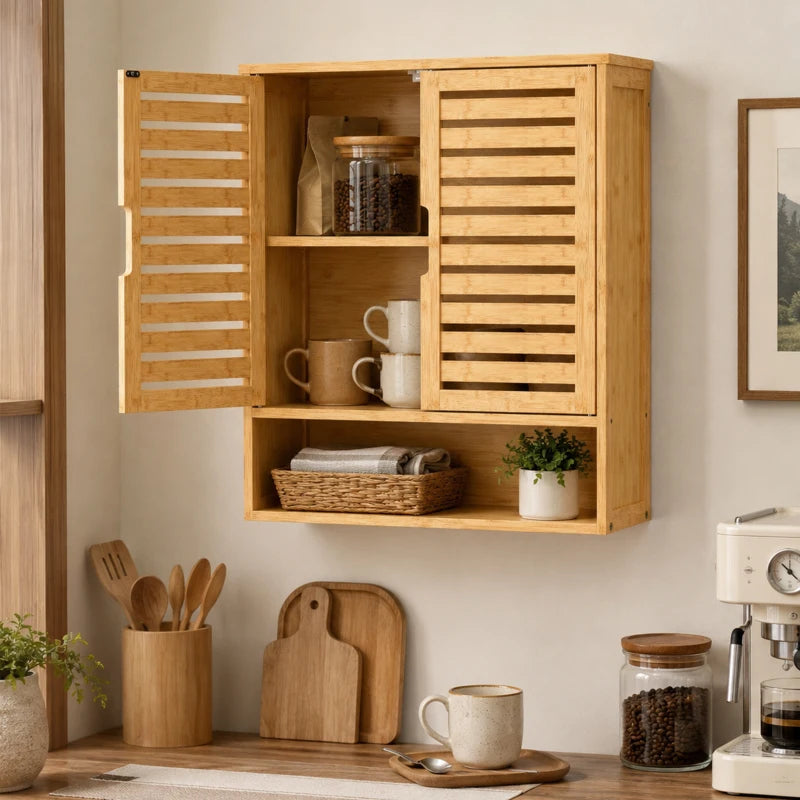 Oak bathroom wall cabinet with open shelves behind louvered doors