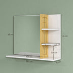 Bathroom mirror with bamboo shelf unit, front view showing shelf layout and size marks
