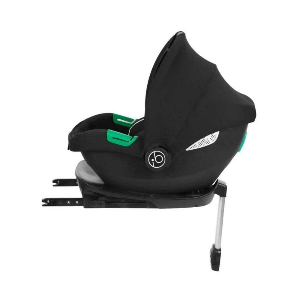 Black i-Size infant car seat with ISOFIX base, side view and green release bars