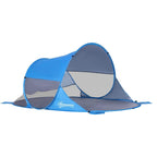 Blue pop-up camping tent with two end entrances and gray mesh window panels