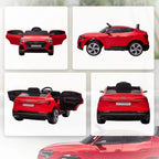 Red kids electric ride-on car shown from multiple angles: front, side, and rear